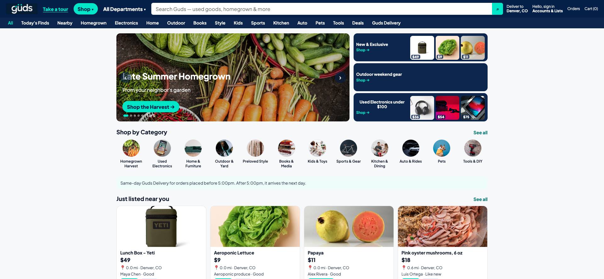 The güds shop: harvest feature, category circles, and fresh listings from Denver neighbors