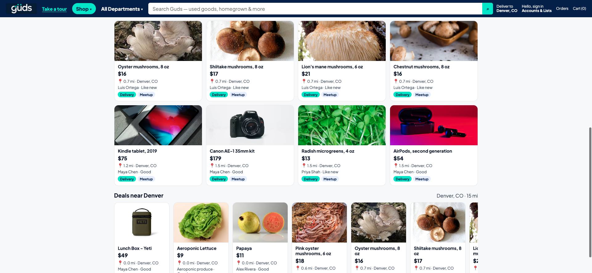güds listings for mushrooms, microgreens, and secondhand goods from Denver neighbors