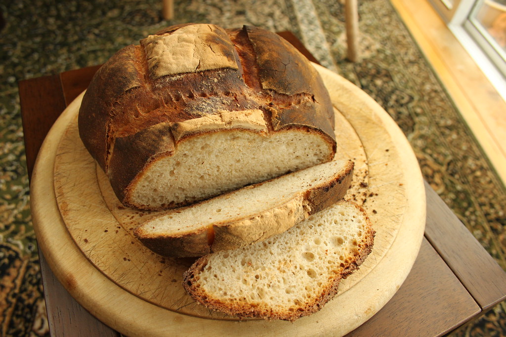 A sliced loaf of sourdough